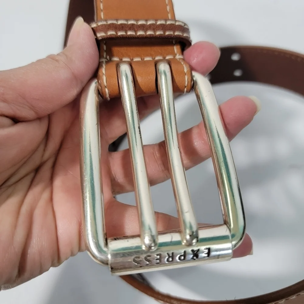 EXPRESS Men's Genuine Leather Belt Brown Size Small (37L, 1.5W) Silver Buckle